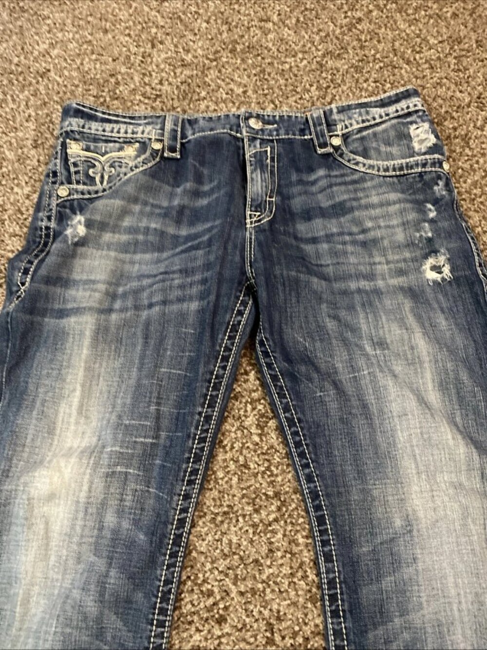 Y2K Rock Revival Curtis B13 Boot Cut Jeans 40x33 Blue Distressed Retro RJ8626813